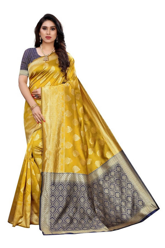 Vamika Banarasi Jacquard Weaving Yellow Saree (Dangal Yellow) | Swadesiicart