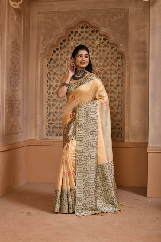 Vishnu Weaves Women's Cream Handloom Raw Silk Woven Border Saree with Unstitched Blouse - Swadesiicart