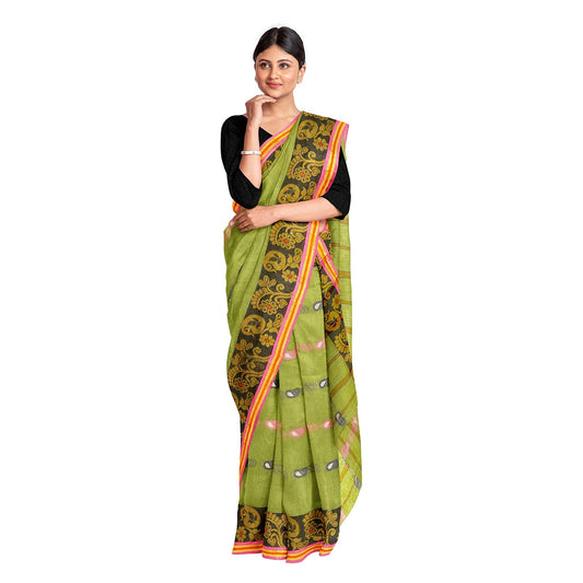 Exclusive Collection 100% Pure Cotton Light Green Tant Saree With Hand Weaving Work - Swadesiicart