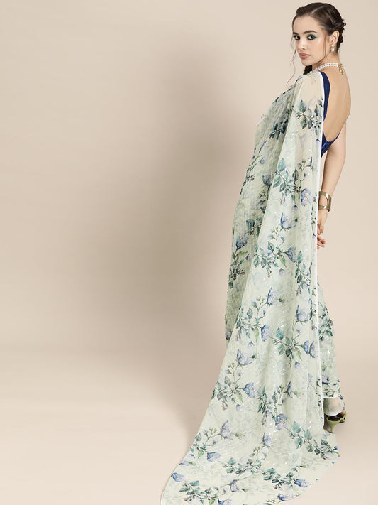 Saree Mall Blue Floral Sequinned Linen Blend Chanderi Saree | Swadesiicart
