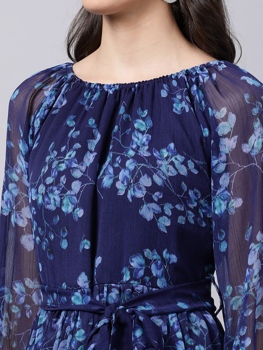 Souchii Navy Blue Floral Layered Chiffon A-Line Midi Dress - Swadesiicart