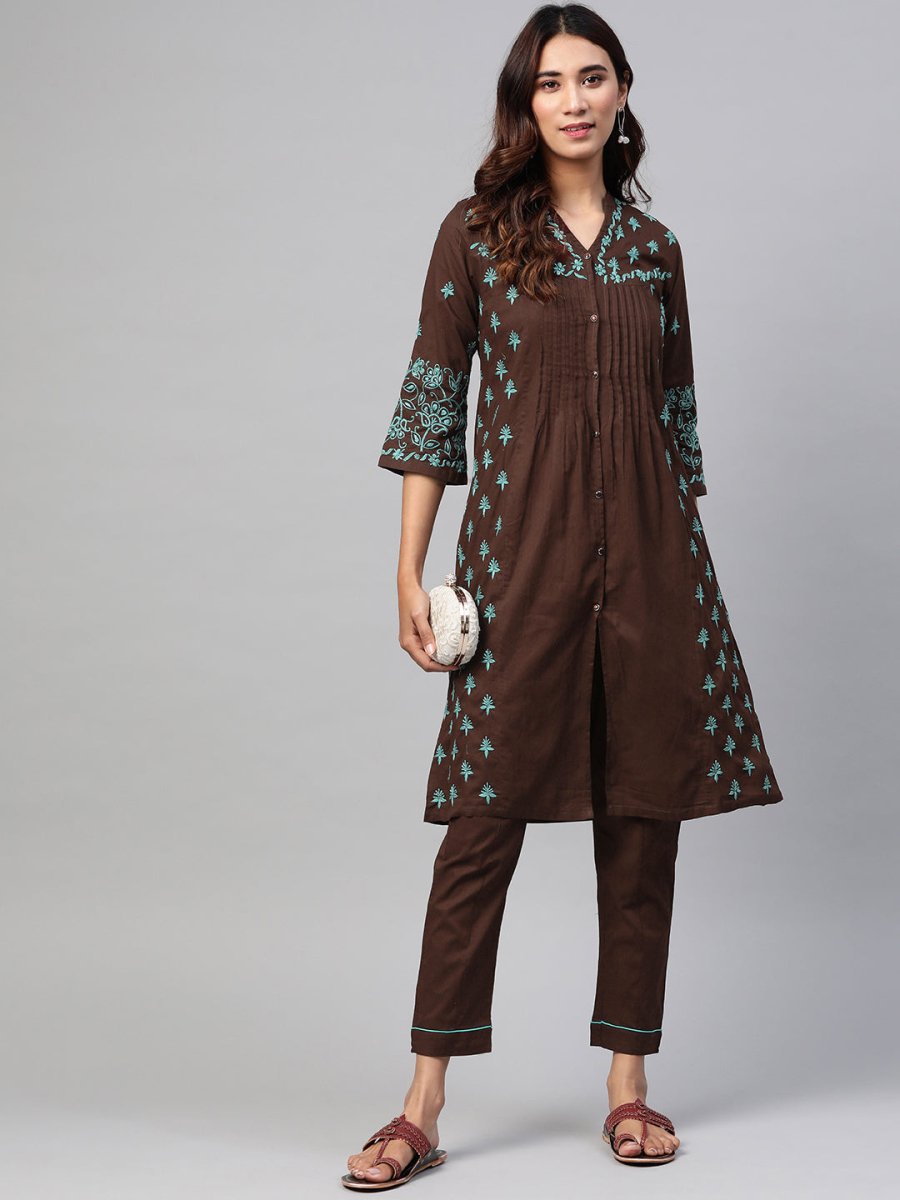 ADA Women Brown & Green Chikankari Embroidered Handloom Kurta with Trousers | Swadesiicart
