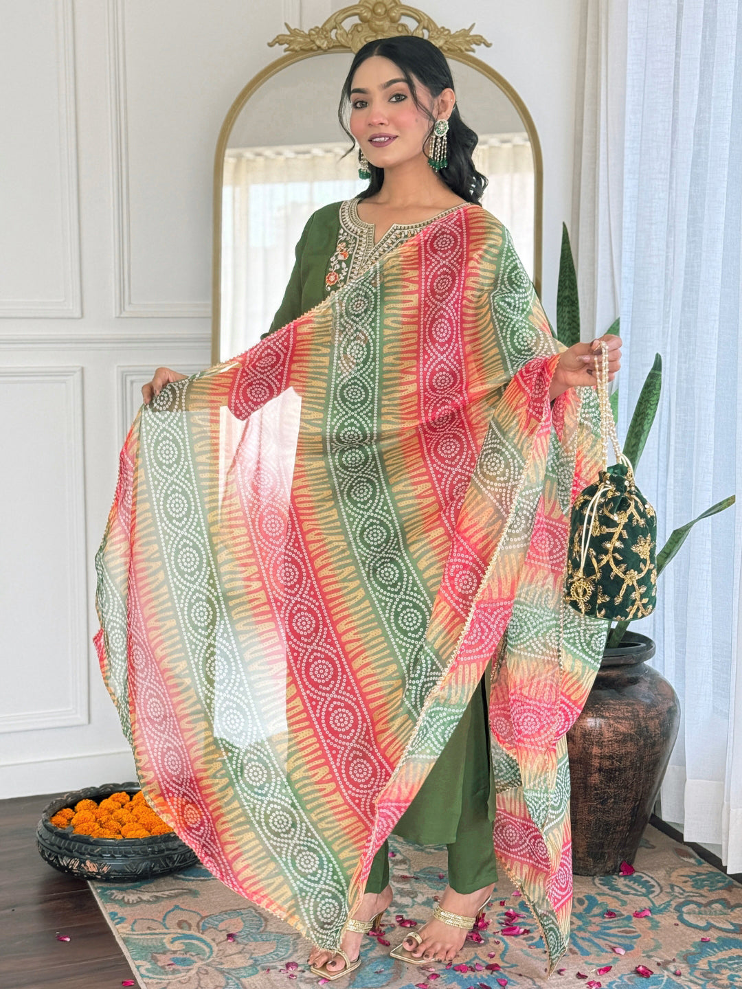 The52 Women's Gorgeous Rayon Embroidery work Straight Kurta with Pant and Dupatta Set - Swadesiicart