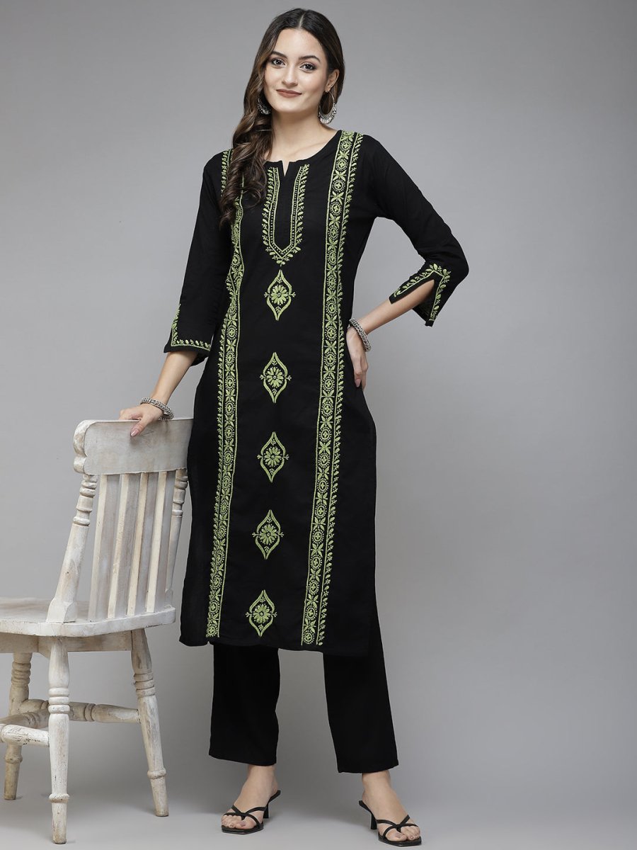 ADA Women Black & Green Ethnic Motifs Embroidered Chikankari Handloom Handloom Kurta | Swadesiicart