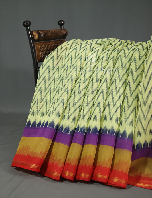 Shades of Light Apple Green And Orange Colour Blouse Ikat Design Semi Chanderi Saree By Gayathri Reddy Designer Studio | Swadesiicart