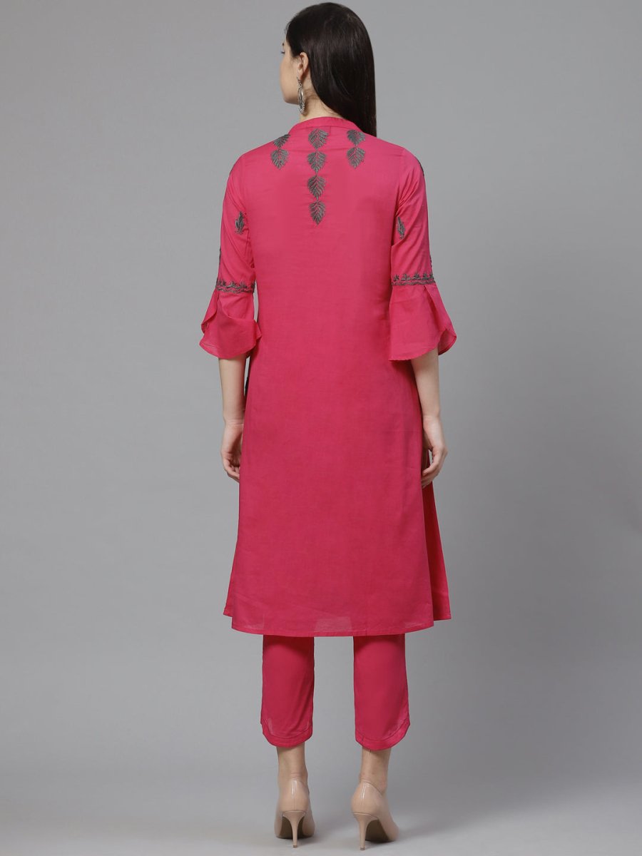 ADA Women Pink & Charcoal Grey Chikankari Embroidered Sustainable Handloom Kurta with Trousers | Swadesiicart