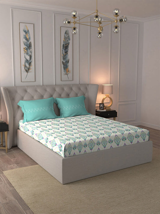 MYTRIDENT Moments White Blue Ethnic Motifs Pure Cotton 120 TC Bedsheet 2 Pillow Covers - Swadesiicart