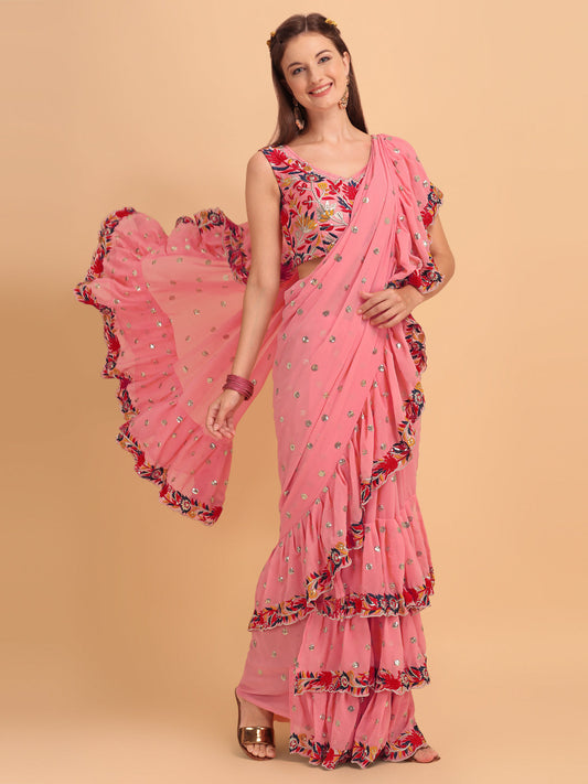 Lorenvalley Fashion Peach Faux Georgette Ruffle Saree with Fancy Sequence work & Blouse - Swadesiicart