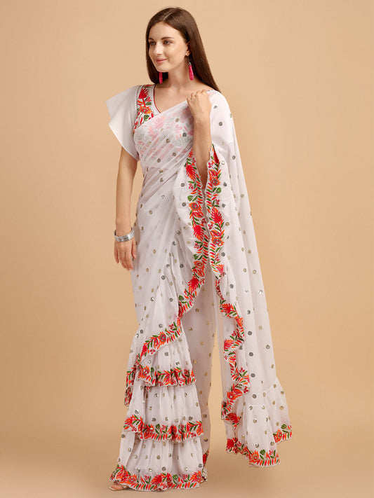 Lorenvalley Fashion White Faux Georgette Ruffle Saree with Fancy Sequence work & Blouse - Swadesiicart
