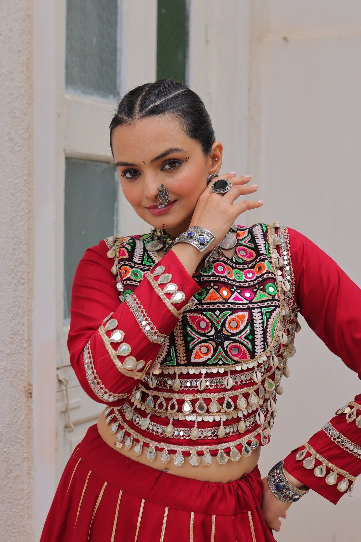 Lorenvalley Fashion Red Roman Silk with Attractive Gota-Patti Lace Lehenga Choli | Swadesiicart