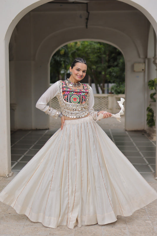 Lorenvalley Fashion White Roman Silk with Attractive Gota-Patti Lace Lehenga Choli | Swadesiicart