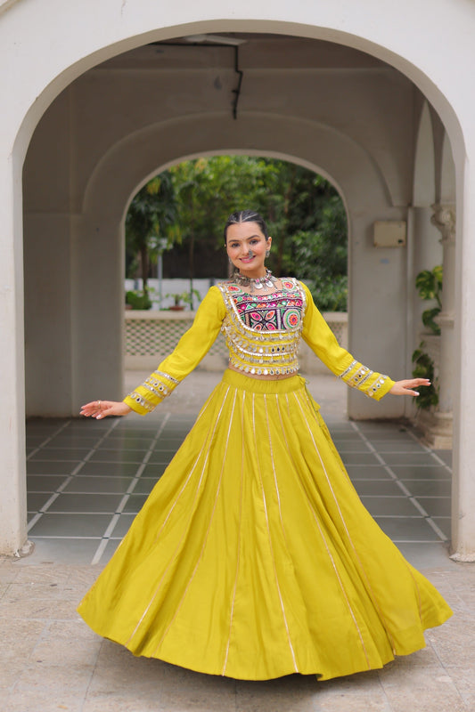 Lorenvalley Fashion Yellow Roman Silk with Attractive Gota-Patti Lace Lehenga Choli