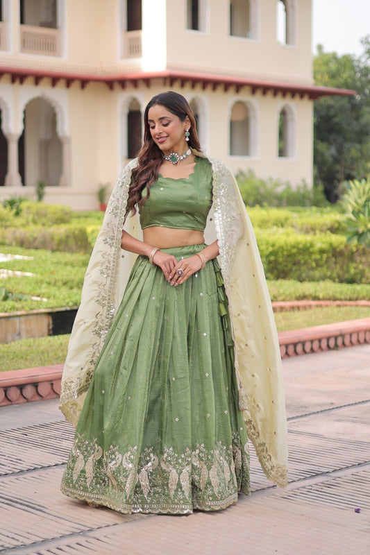 Lorenvalley Fashion Parrot Green Gold Crush with Sequins & Zari Embroidered Work Lehenga Choli with Dupatta - Swadesiicart