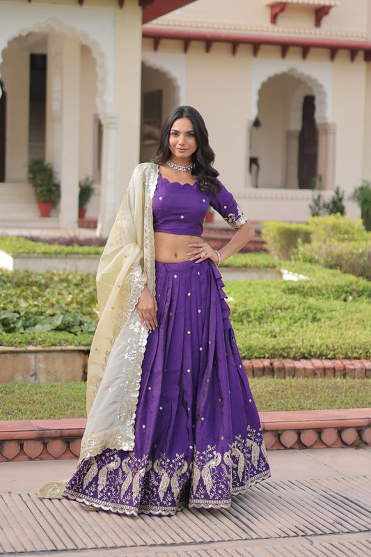 Lorenvalley Fashion Purple Gold Crush with Sequins & Zari Embroidered Work Lehenga Choli with Dupatta - Swadesiicart
