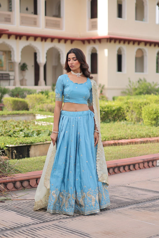 Lorenvalley Fashion Skyblue Gold Crush with Sequins & Zari Embroidered Work Lehenga Choli with Dupatta - Swadesiicart