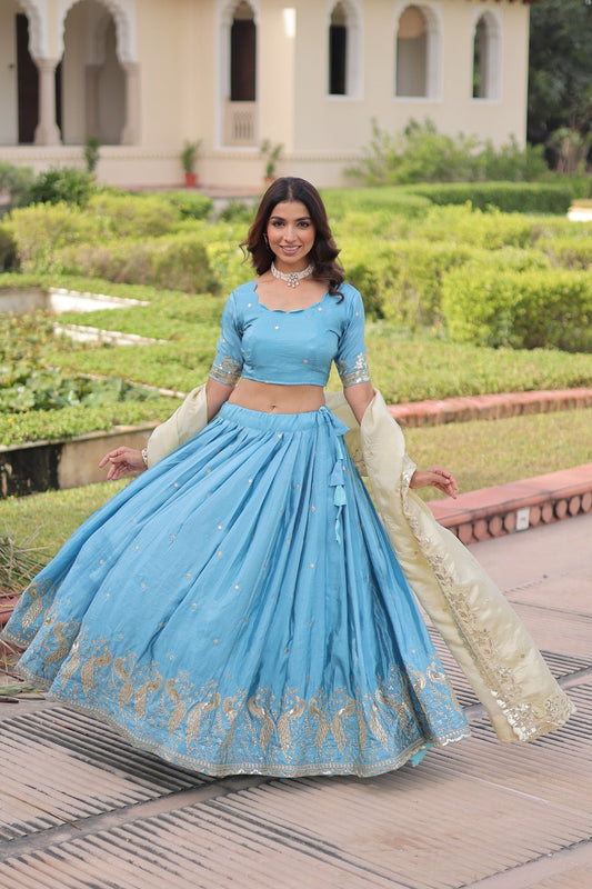 Lorenvalley Fashion Skyblue Gold Crush with Sequins & Zari Embroidered Work Lehenga Choli with Dupatta - Swadesiicart