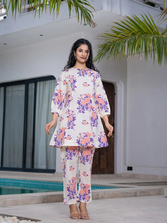 Yufta Peach Floral Print Top And Trouser Co Ord Set - Swadesiicart