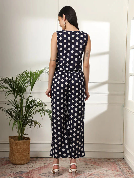 Yufta Blue Cotton Polka Dot Waistcoat Co-Ord - Swadesiicart