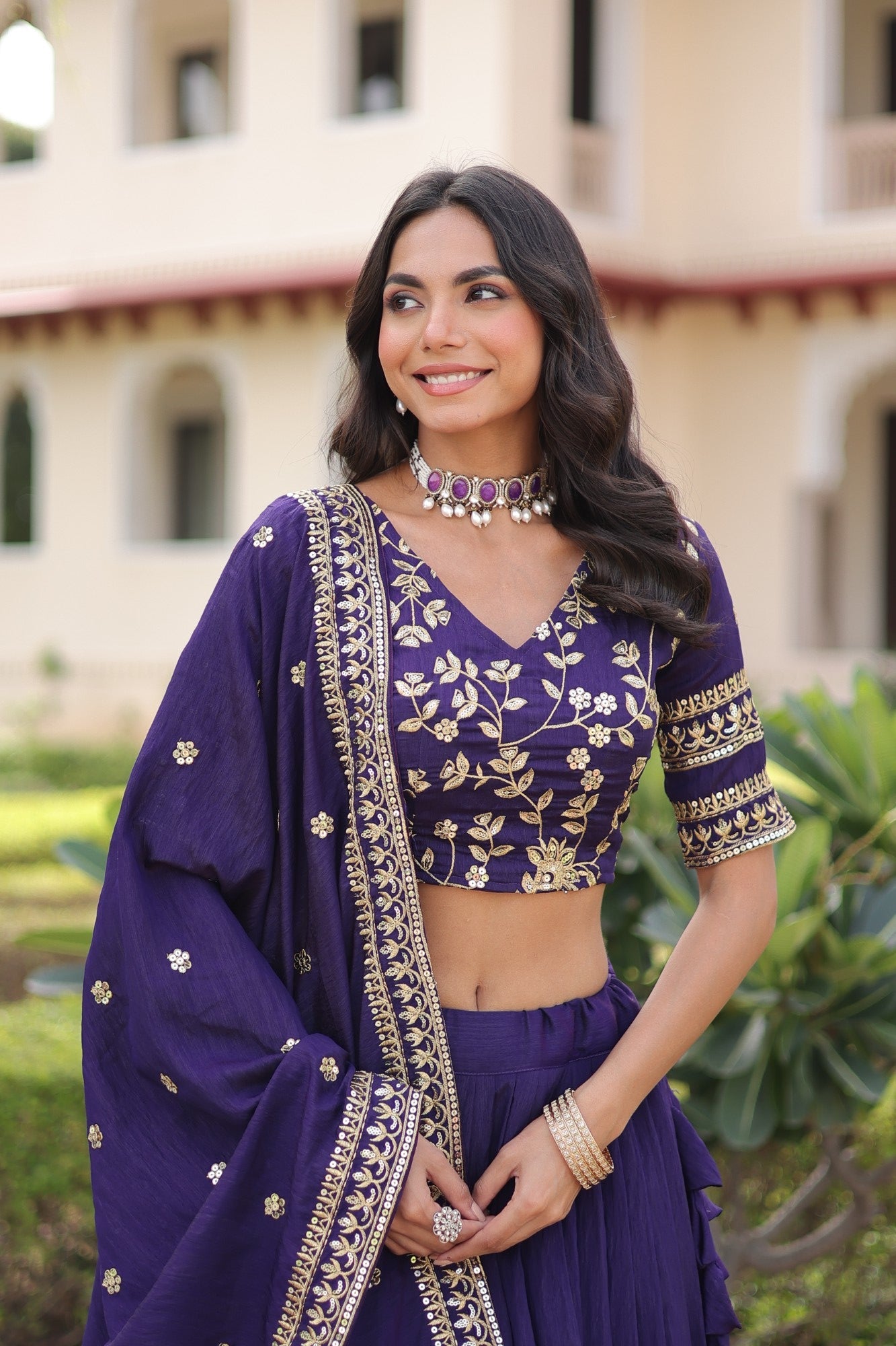 Lorenvalley Fashion Purple NC Vichitra Silk Sequins & Zari Embroidered Work Lehenga Choli with Dupatta - Swadesiicart