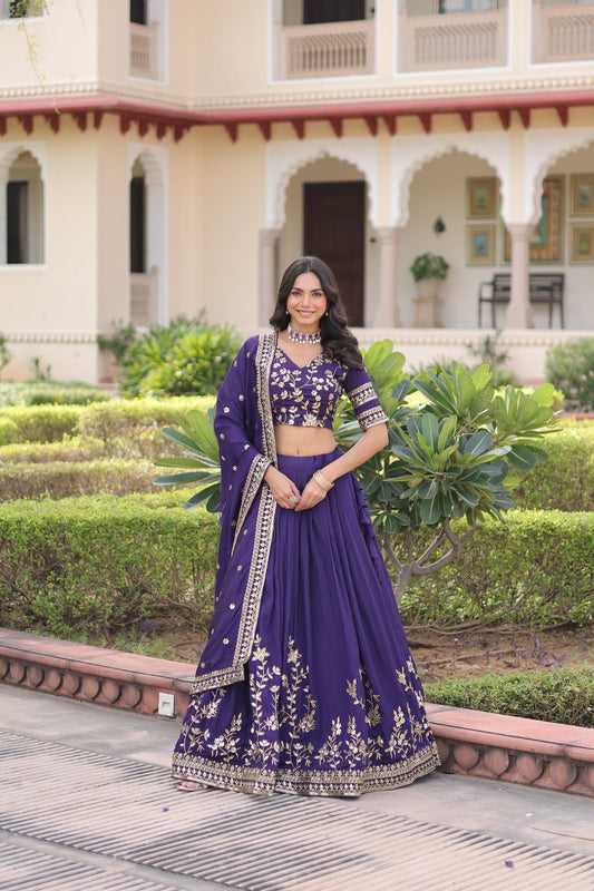 Lorenvalley Fashion Purple NC Vichitra Silk Sequins & Zari Embroidered Work Lehenga Choli with Dupatta - Swadesiicart