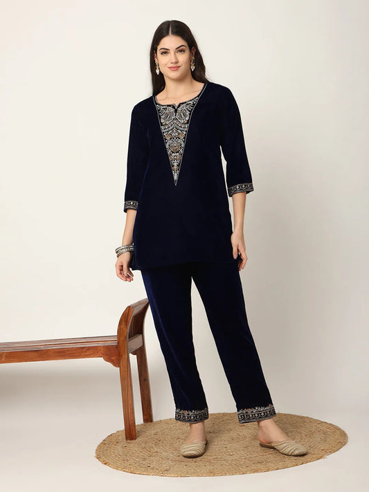 Yufta Navy Blue Velvet Embroidered Co-Ord Set - Swadesiicart