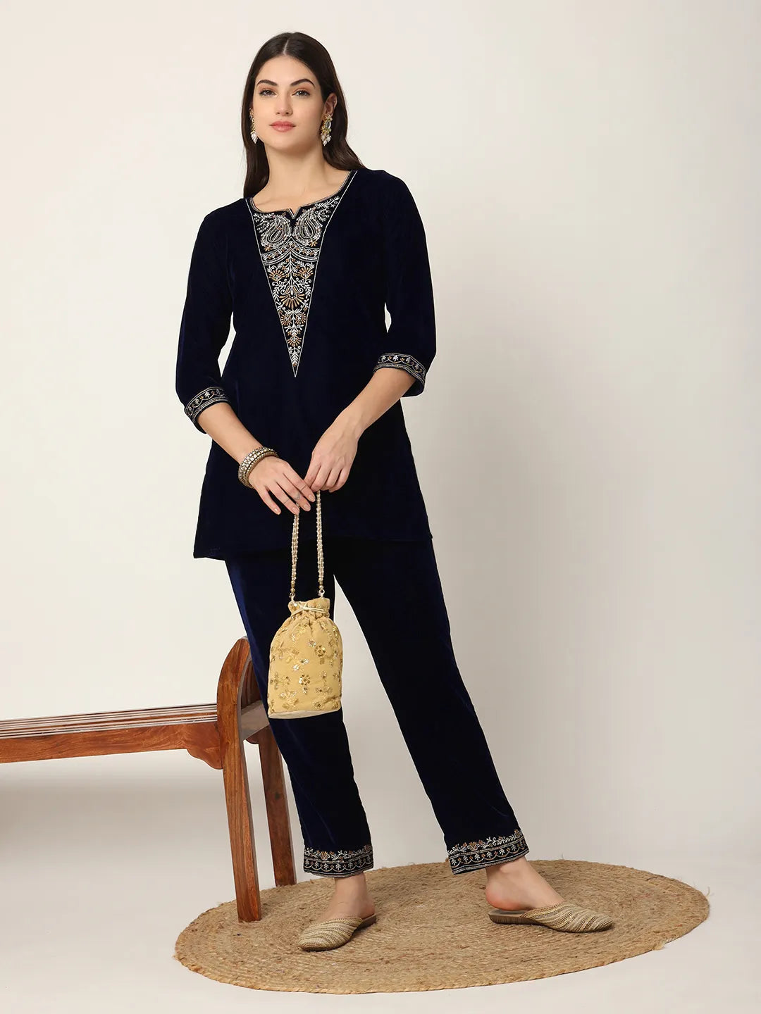 Yufta Navy Blue Velvet Embroidered Co-Ord Set - Swadesiicart