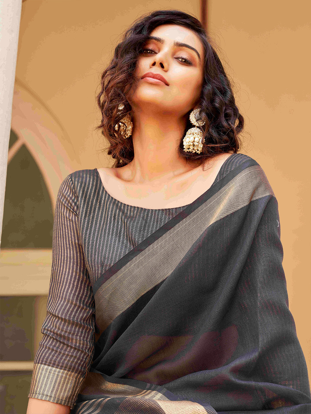 Tikhi Imli Charcoal & Gold-Toned Polycotton Zari Ready to Wear Saree | Swadesiicart