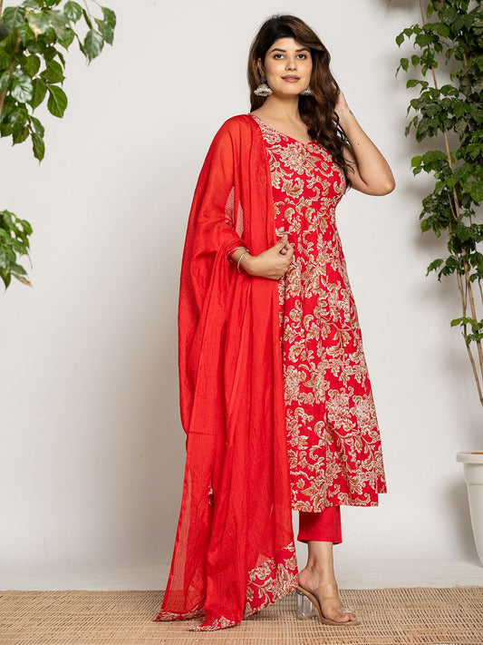 Yufta Cotton Red Anarkali Kurta Dupatta Set - Swadesiicart