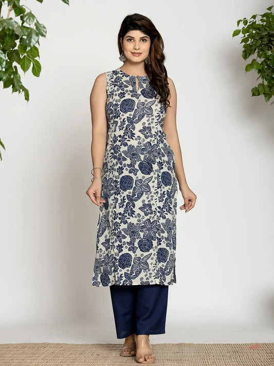 Yufta Blue Cotton Ethnic Motifs Straight Kurta - Swadesiicart