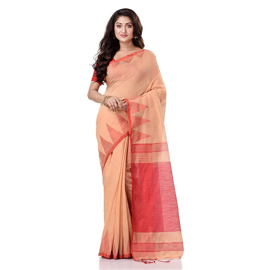 Desh Bidesh Women's Traditional Bengali Handloom Tant Pure Cotton Saree Khadi Temple Par Designed With Blouse Piece | Swadesiicart