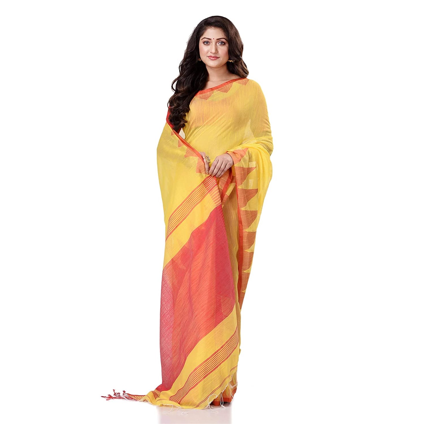 Desh Bidesh Women's Traditional Bengali Handloom Tant Pure Cotton Saree Khadi Temple Par Desigined With Blouse Piece | Swadesiicart