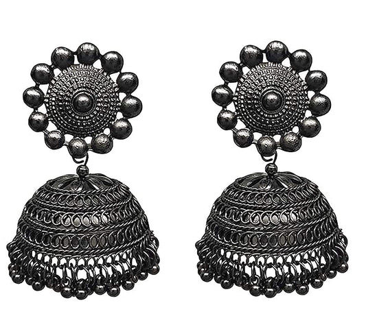 Rhodium-Plated Alloy Black Metallic Jhumki Earrings - The Pari - The Pari - Dinesh Associates