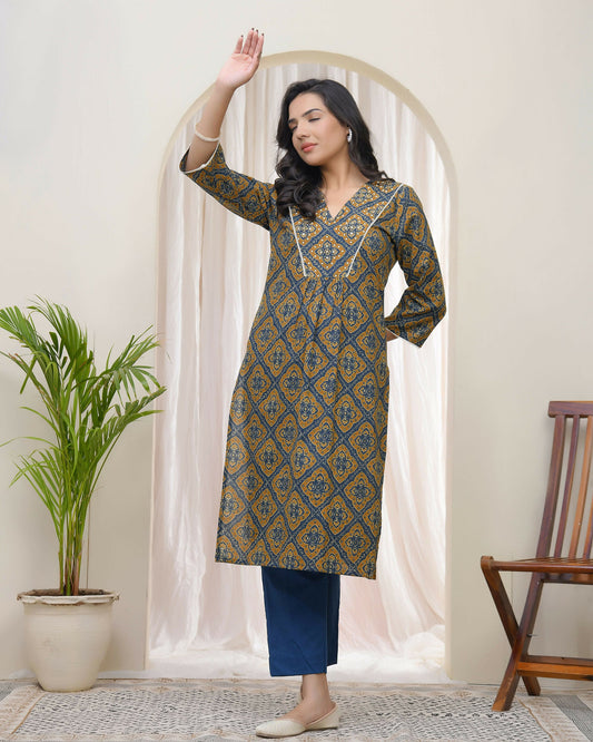 Vaasva Blue Ajrakh Cotton Printed Gathered Kurti With Pant | Swadesiicart