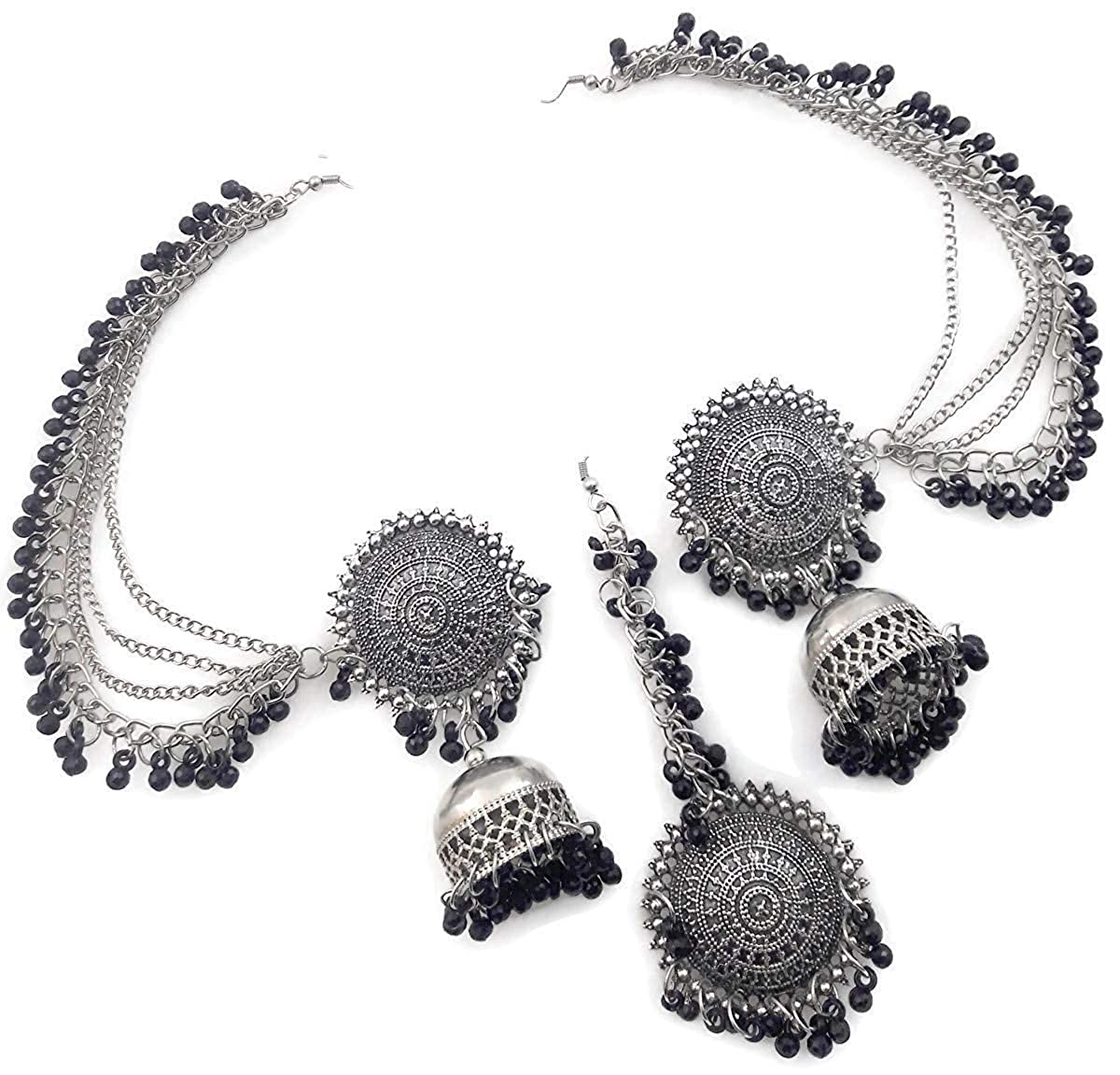 Silver-Plated Alloy Silver Black Earrings With Hair Extension - The Pari - Swadesiicart