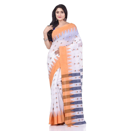 Desh Bidesh Women's Traditional Bengali Handloom Tant Pure Cotton Saree Khadi Bicolor Ball Temple Par Desigined With Blouse Piece | Swadesiicart
