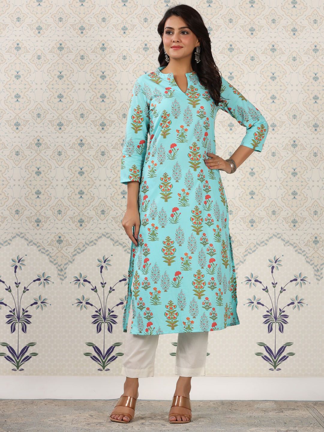 Ode by House of Pataudi Floral Printed Mandarin Collar Pure Cotton Kurta - Swadesiicart