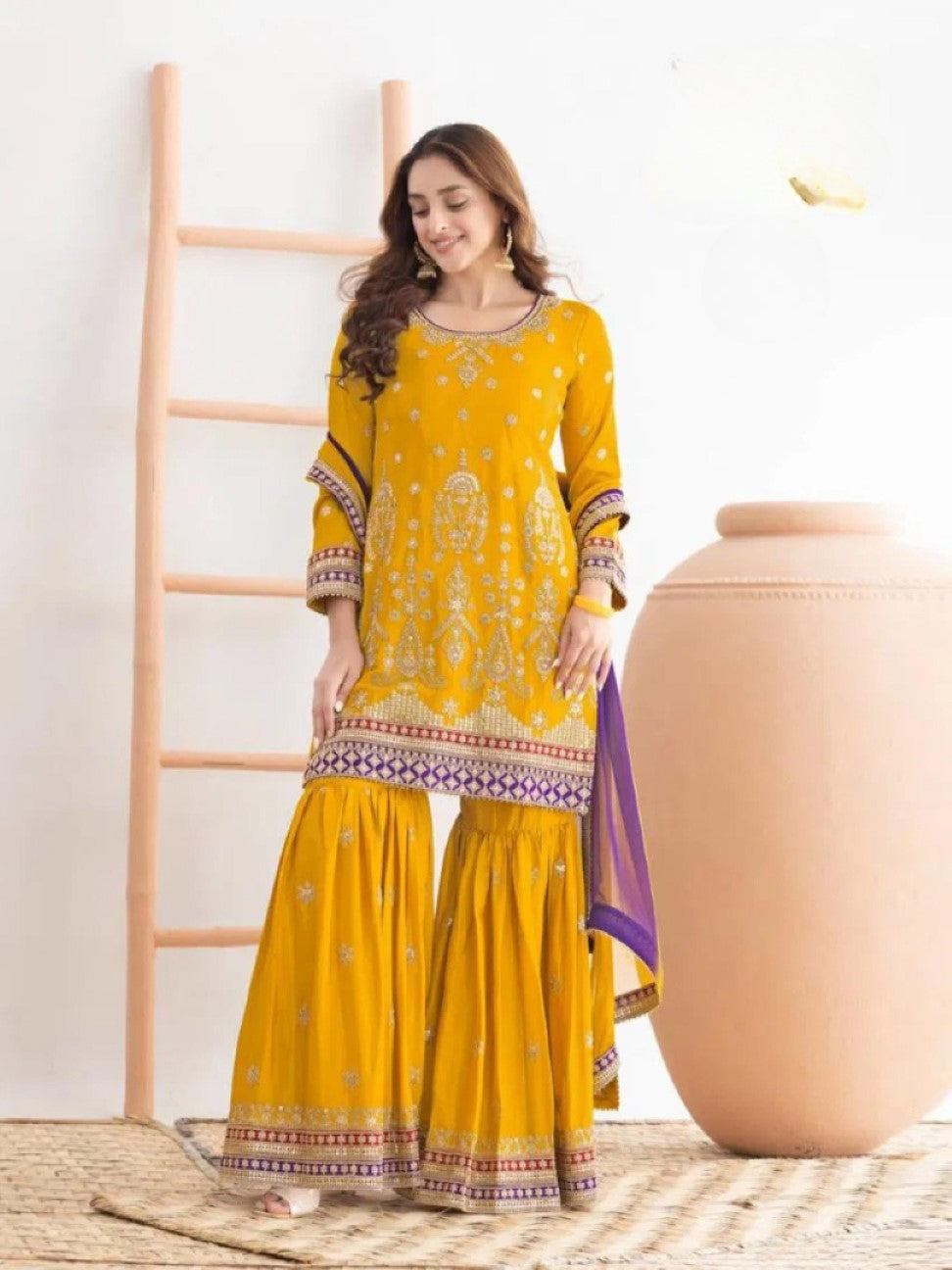 Anaita Yellow Chinon Suit With Embroidered Sequins & Mirror Work