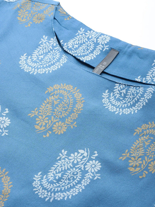 HERE&NOW Women Blue & Golden Paisley Printed Straight Kurta - Swadesiicart