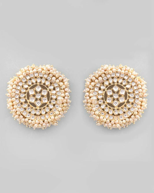 VOJ Gold-Polished White Pearl Cricluar Studs Earrings