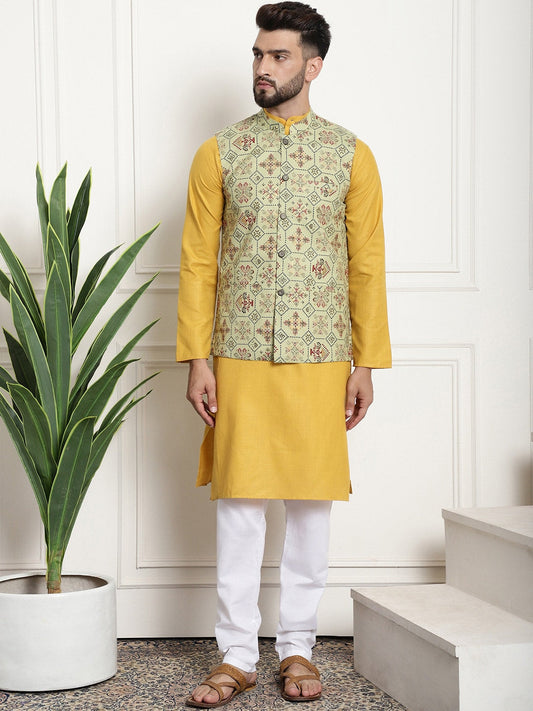 Sojanya Men Mustard Yellow Pure Cotton Kurta with Churidar & Nehru Jacket | Swadesiicart