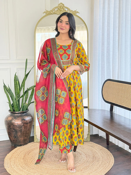 The52 Women's Gorgeous Rayon Printed Flared Kurta with Pant And Dupatta Set - Swadesiicart
