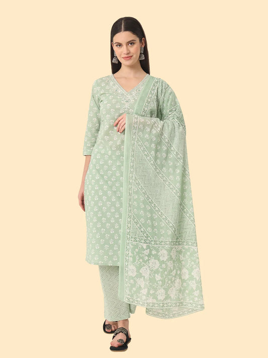Yufta Green Ethnic Motifs Embroidered Regular Chikankari Pure Cotton Kurta with Trousers & With Dupatta | Swadesiicart