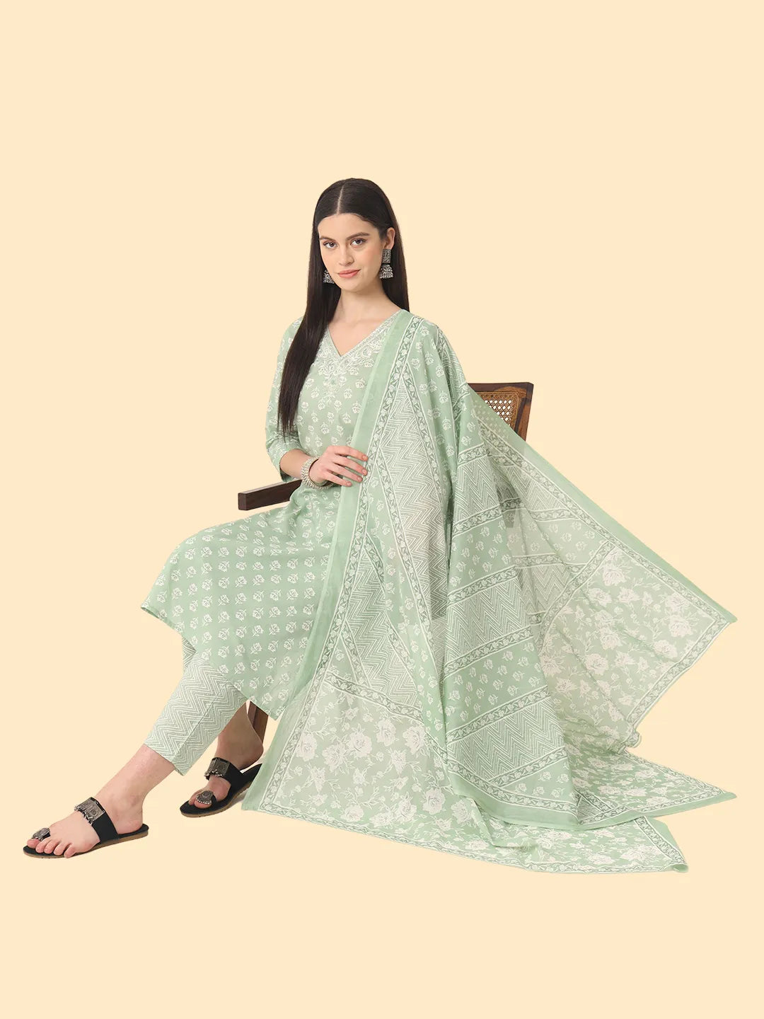 Yufta Green Ethnic Motifs Embroidered Regular Chikankari Pure Cotton Kurta with Trousers & With Dupatta | Swadesiicart