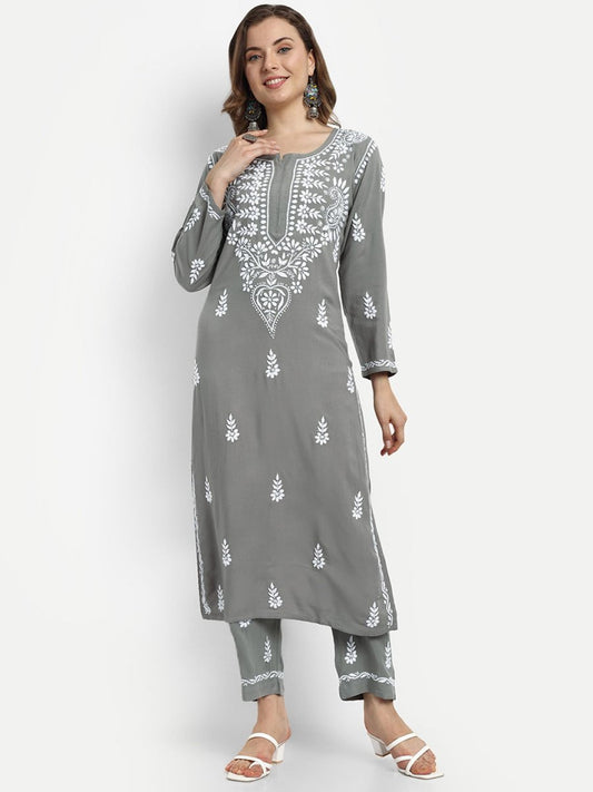 ADA Ethnic Motifs Embroidered Lucknowi Chikankari Kurta with Trousers | Swadesiicart