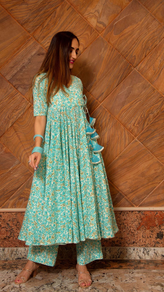 Pomcha Jaipur Noor Blue Cotton Angrakha Set | Swadesiicart
