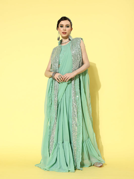 Mitera Pure Georgette Ready to Wear Saree with Shrug | Swadesiicart