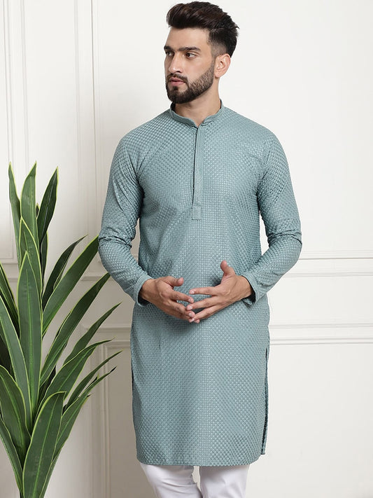 Sojanya Woven Design Mandarin Collar Straight Cotton Kurta | Swadesiicart