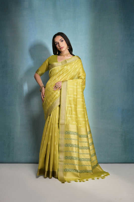 Vishnu Weaves Women's Mahendi Raw Silk Zari Woven Saree with Blouse - Swadesiicart