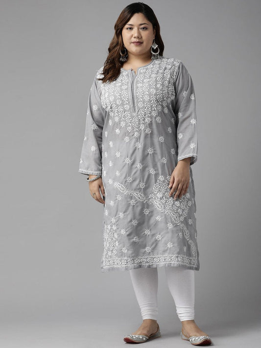 ADA Women Plus Size Grey Floral Embroidered Chikankari Kurta | Swadesiicart
