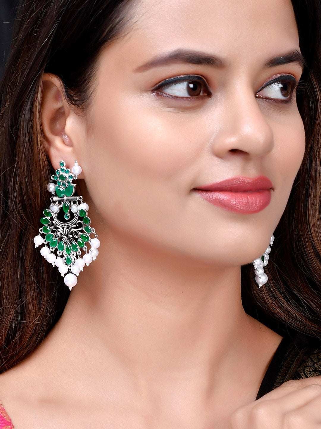 Shoshaa Silver-Plated Green Handcrafted Drop Earrings With Pearl | Swadesiicart